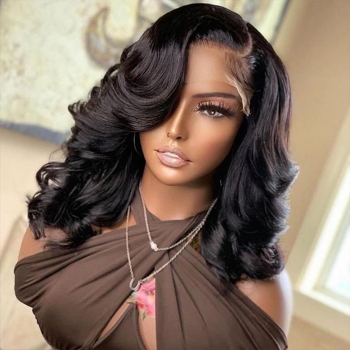 Perruque Lace Front "Hollywood Glam" - Vagues Soyeuses (Noir Naturel)